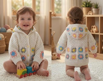 Crochet Granny Square Baby Cardigan PDF Pattern, Hooded Baby Jacket, Scrap Yarn Crochet Pattern, Baby Sweater Tutorial, Instant Download