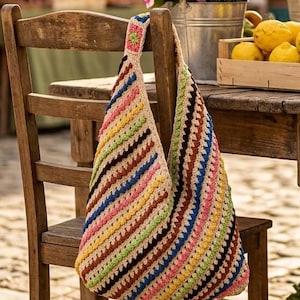 May include: A handmade crochet bag with a colorful striped pattern. The bag features a beige base with diagonal stripes in various colors, including pink, blue, green, and brown. The bag is hanging on a wooden chair.