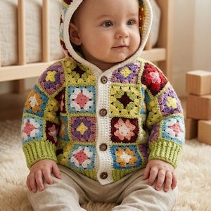 May include: A baby wearing a colorful, handmade crochet hooded cardigan. The cardigan features a patchwork design with various floral and geometric patterns in shades of green, yellow, pink, purple, and white. The buttons are brown. The baby is wearing beige pants.