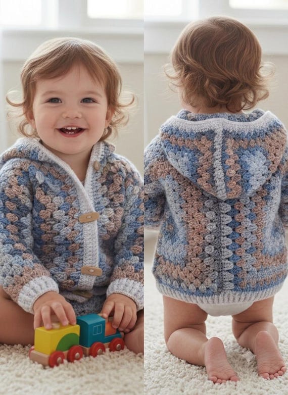 Crochet Baby Jacket Pattern PDF, Hooded Granny Square Cardigan, Newborn Baby Sweater, PDF + Video Tutorial, Instant Download