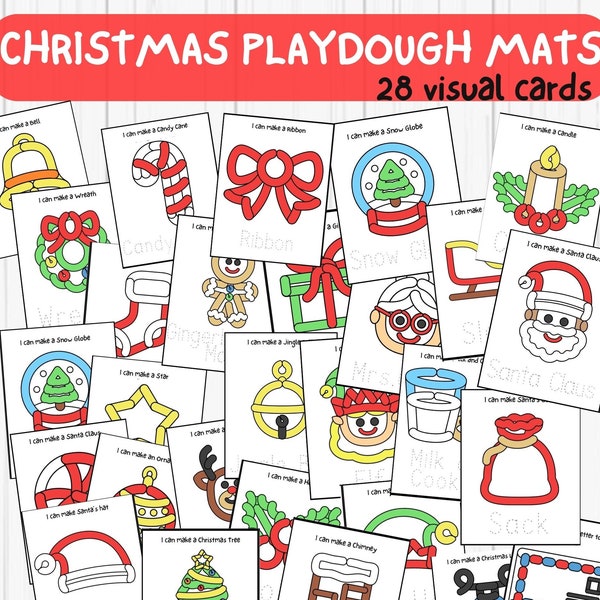 Christmas Play Dough Mats Visual Cards, Printable Play Doh Toddler Activities, Homeschool Montessori Kindergarten Pre-K Preschool Materials