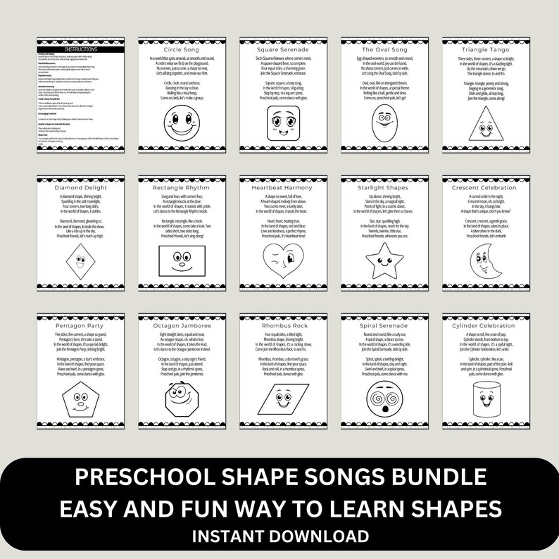 15 Shapes Song Cards Preschool Materials Homeschool Printables ...