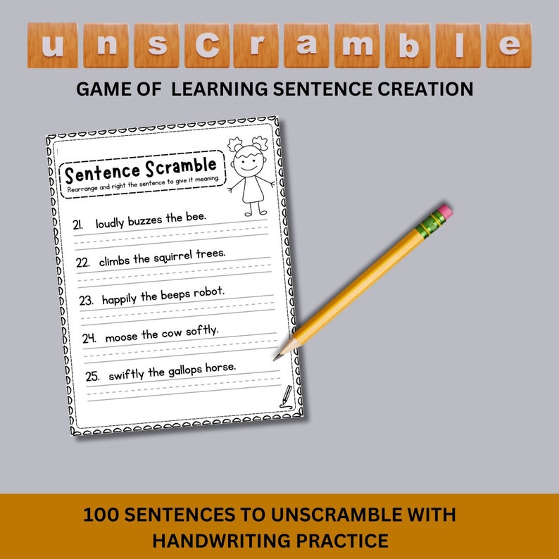 100 Sentence Writing Practice Worksheets Printable Unscramble and Sentences Activity 1st-3rd ...