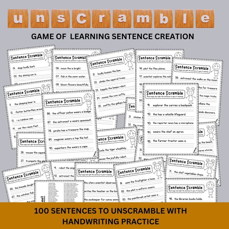 100 Sentence Writing Practice Worksheets Printable Unscramble and Sentences Activity 1st-3rd ...