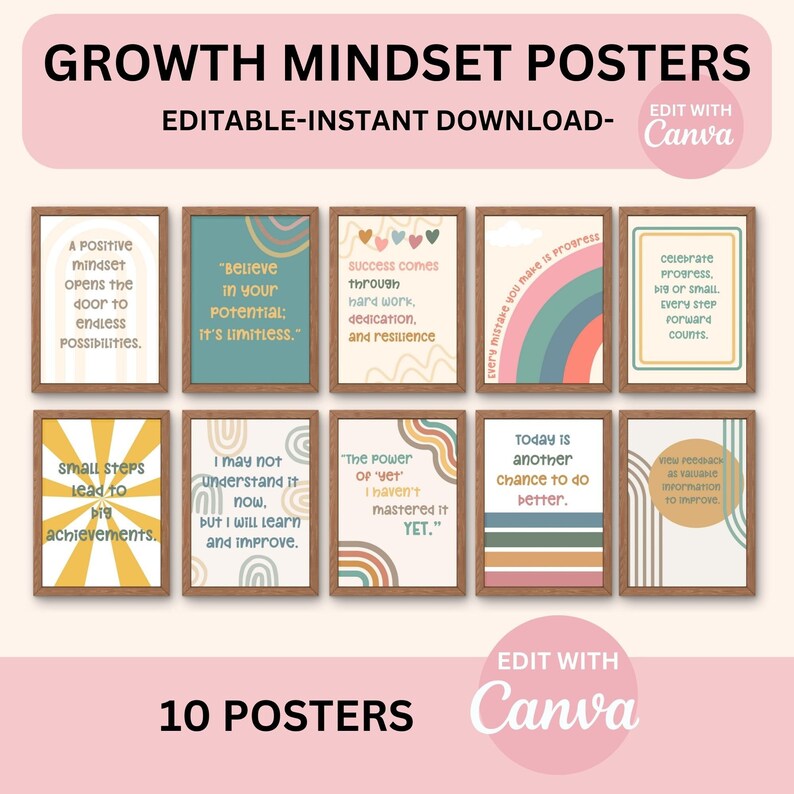 Growth Mindset Editable Classroom Printable Posters Modern Boho