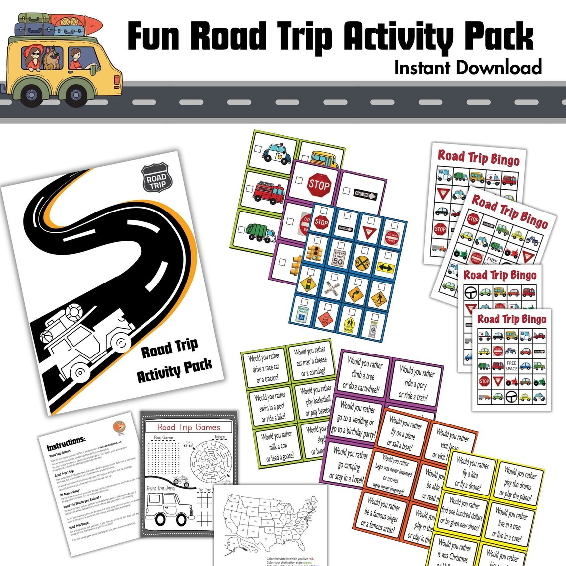 Kids Road Trip Games Printable Family Vacation Bingo Car Games I Spy Travel Printables Kids ...