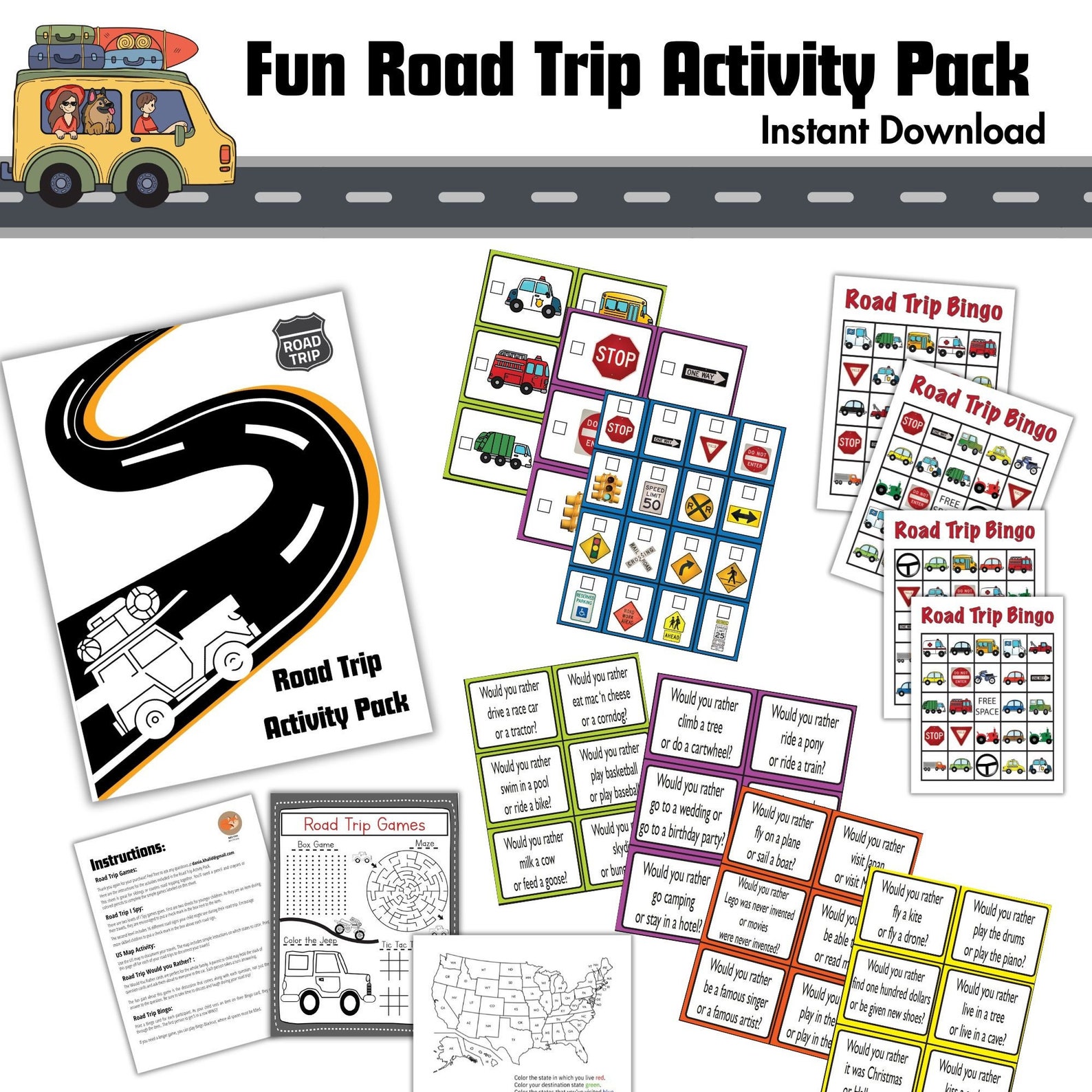 Kids Road Trip Games Printable Family Vacation Bingo Car Games I Spy ...