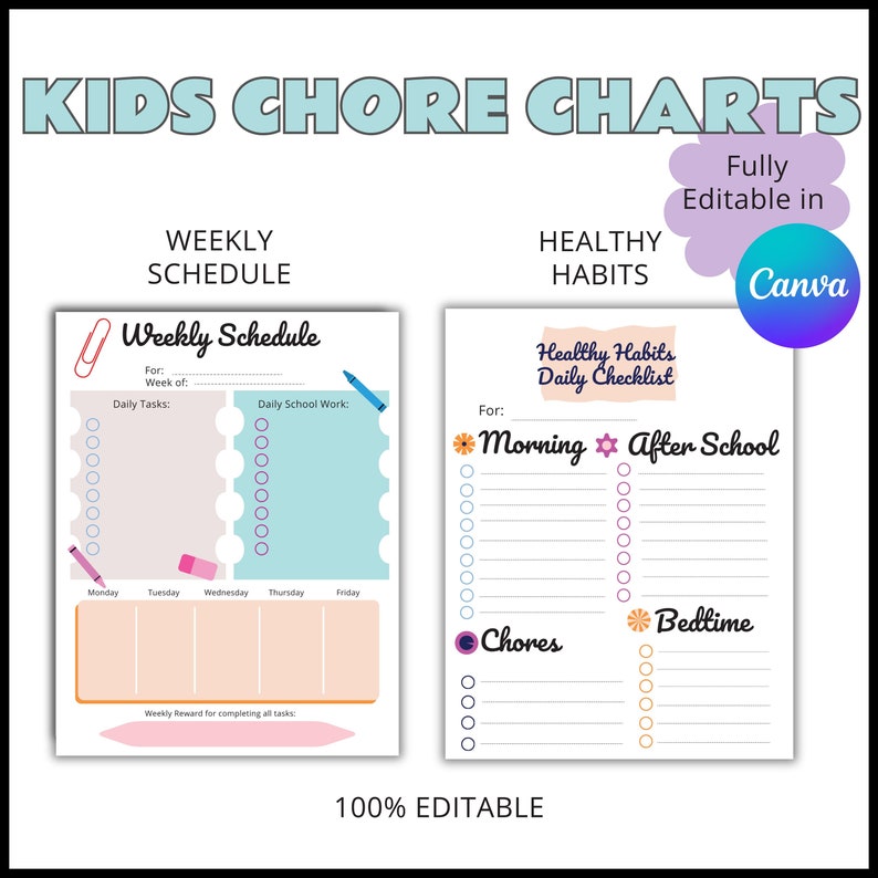 Editable Chore Chart for Multiple Kids Canva Responsibility Chart Daily ...