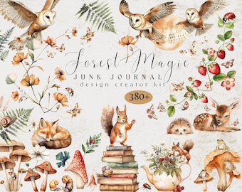 Forest Magic Junk Journal Clipart, Artful DIY Junk Journal Kit Downloadable PNG, Magic Forest Animals, Journal pages, Floral Magic Clipart