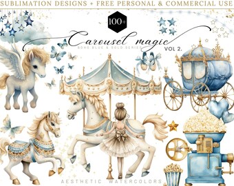 Watercolor Blue Carousel Clipart, Ballerina Carousel Magical Graphics, Pegasus, Carousel Horse Pony, Nursery Decor, Babyshower Clipart