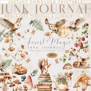Forest Magic Junk Journal Clipart, Artful DIY Junk Journal Kit Téléchargeable PNG, Magic Forest Animals, Pages de journal, Floral Magic