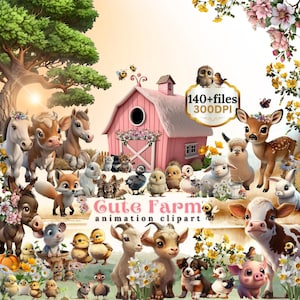 Cute Farm Clipart for Commercial Use, Watercolor Farm  Animals, Cute Animated Animals, Cow, Farm, Chicken, Barn, Horse, Sheep, Farm Baby