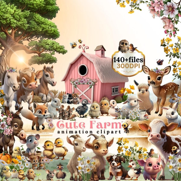 Clipart de fazenda fofo para uso comercial, animais animados fofos, vaca, fazenda, frango, celeiro, cavalo, ovelha, animais de fazenda