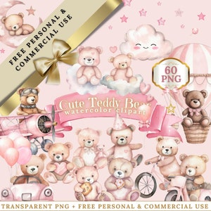 Girl teddybear clipart for Commercial Use, Pink Teddy Bears, Hot Air Balloon, Stars, Clouds, Moon, Aeroplane, Boho teddybear
