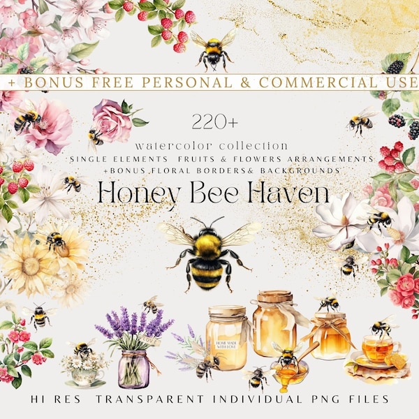 Aquarell-Honigbienen-Clipart, Honigtropfen, bezaubernde Hummel, Honigglas, wilde Blumen-ClipArt-PNG-Grafiken, sofortiger Download