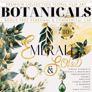 Clipart botanique or vert émeraude, Clipart floral aquarelle aquarelle sombre à feuilles persistantes, lot de verdure, clipart mariage, invitation or émeraude