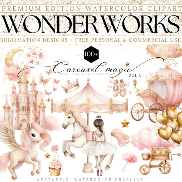 Watercolor Pink Carousel Clipart, Ballerina Carousel Magical Graphics, Nursery Artful Decor, Carnival Clipart, Carousel Horse Pegasus Pony