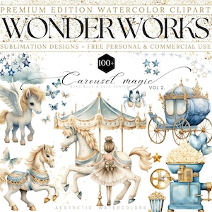 Imágenes prediseñadas de carrusel azul de acuarela, gráficos mágicos de carrusel de bailarina, pegaso, pony de caballo de carrusel, decoración de guardería, imágenes prediseñadas de baby shower