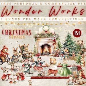 Woodland Christmas Animals Aquarelle Clipart, Noël PNG, Graphiques de Noël mignons, Aquarelle Sublimation de Noël, Forêt d’hiver