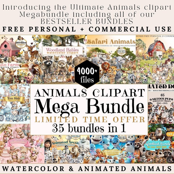 4000+ Tiere Clipart Megabundle, PNG sublime, Aquarell Megabundle, Animierte Tiere Clipart, Babyshower Kinderzimmer Clipart, Clipart sublime