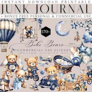 Pacchetto Boho Blue Teddybear, Clipart per uso commerciale, BONUS modificabile blu We Can Bearly Wait Modelli di invito per baby shower
