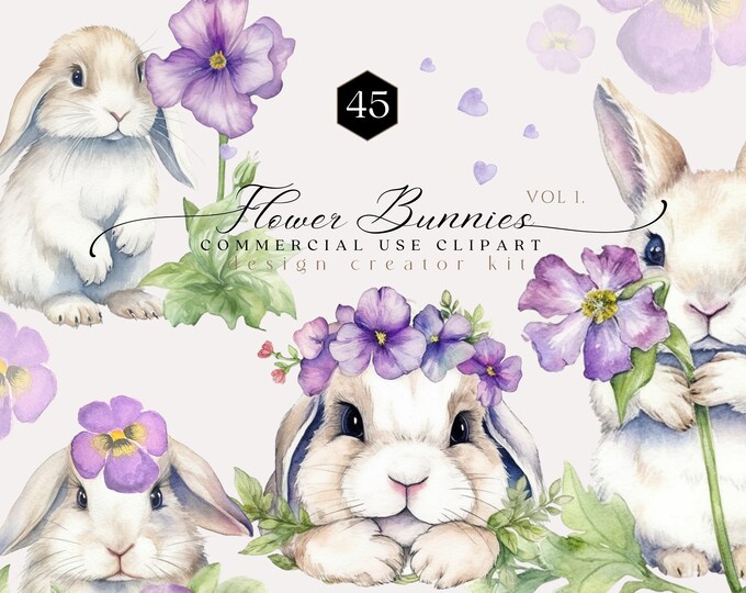 Flower Bunnies Clipart for Commercial Use, Spring Clipart, Watercolor ...