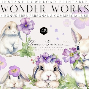Imágenes prediseñadas de conejitos de flores púrpuras para uso comercial, conejitos de Pascua,imágenes prediseñadas de guardería babyshower