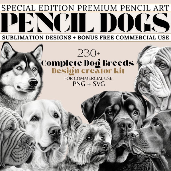 Complete DOG Breeds Bundle SVG, PNG Instant Downloads, Dog Sketch Drawing, Dog Faces, Dog Prints, Dog Portrait, Pet memorial gift, Pet Loss