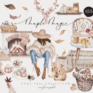 Clipart di planner autunnale accogliente con acquerello, clipart di planner autunnale boho, bundle PNG di planner girl, pianificazione, uso commerciale, adesivi digitali