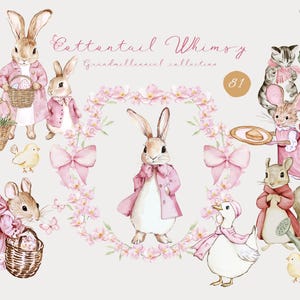 Rosa Häschen Clipart, Aquarell Grandmillennial Kindergarten Häschen Clipart, Vintage Ostern Cottagecore Häschen Babyshower PNG, Junk Journal