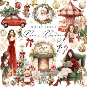 Clipart natalizia classica ad acquerello / Natale preppy, arte invernale, villaggio di Babbo Natale, ghirlande, ornamenti, cornici, alberi, PNG, uso commerciale