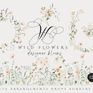 Paquete de imágenes prediseñadas de flores silvestres de acuarela, bordes florales de acuarela, flores silvestres de verano, imágenes prediseñadas de flores silvestres, flores de campo, corona floral png
