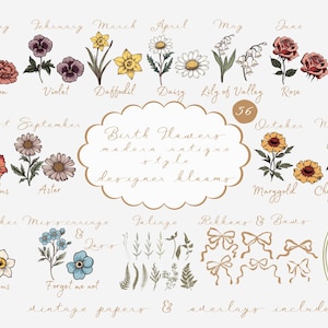 Naissance mois fleurs Clipart PNG, kit de création de cadeau personnalisé bricolage aquarelle Illustrations botaniques Floral anniversaire fête des mères Art