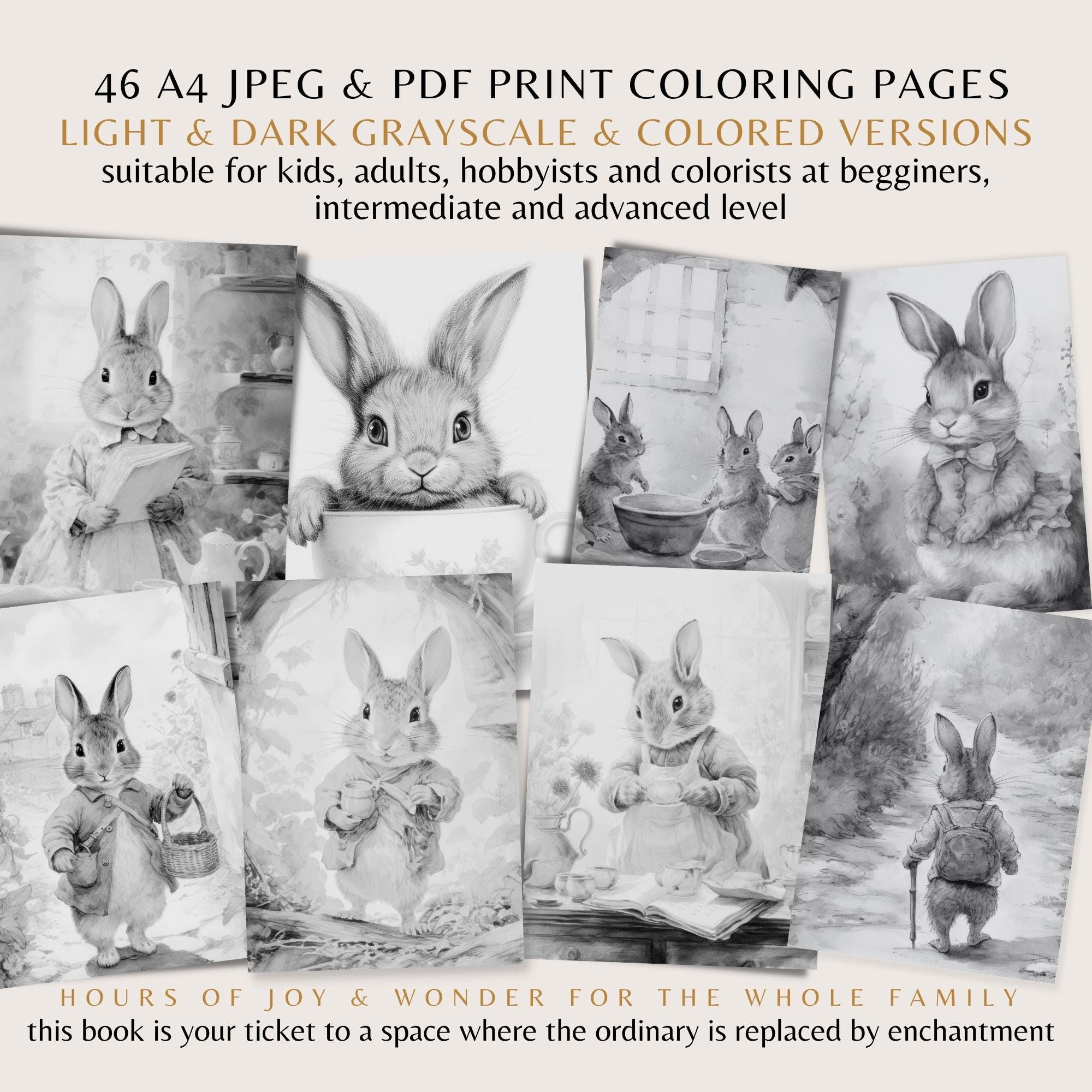 Cute Bunnies Coloring Book, Vintage Coloring Pages, Downloadable