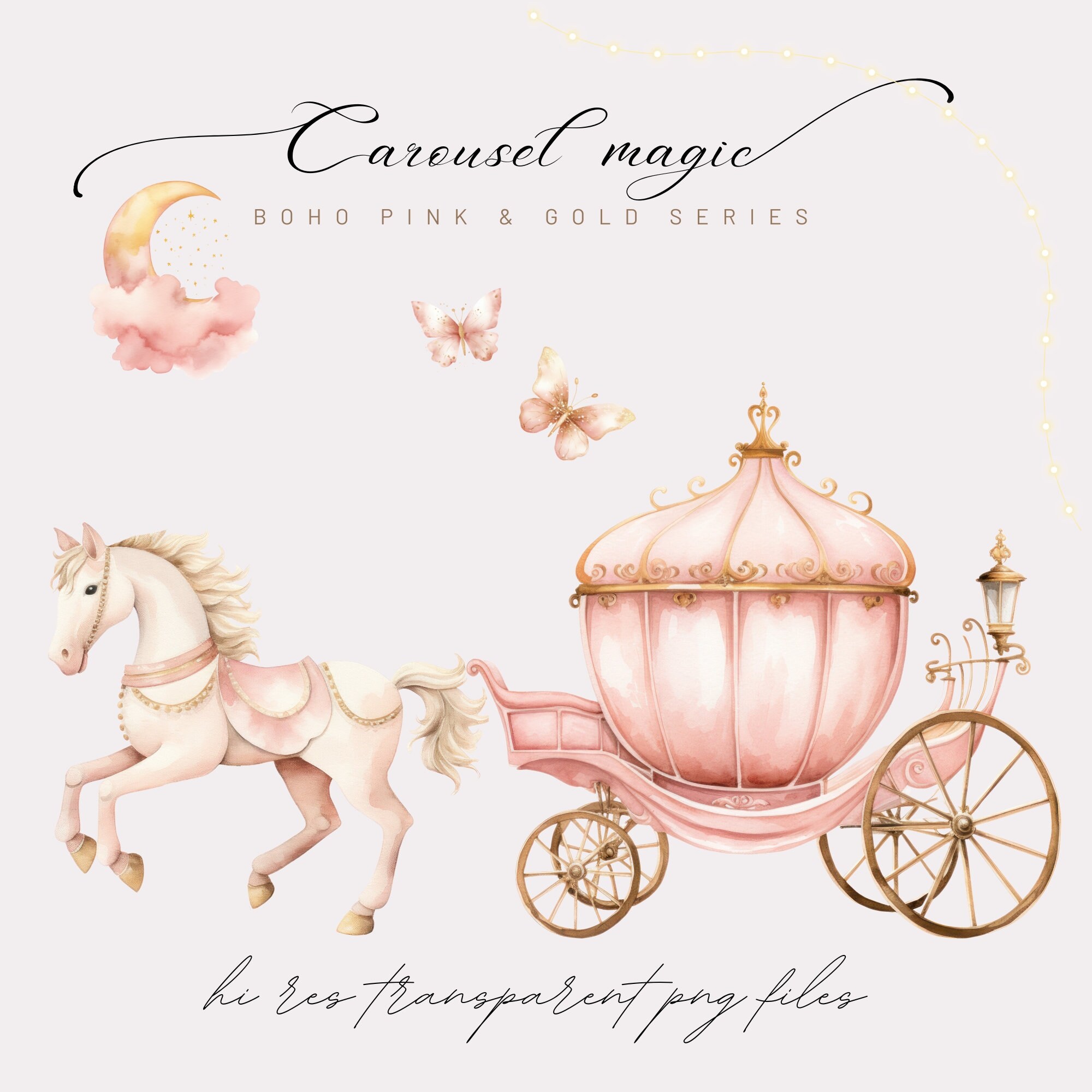 Imágenes prediseñadas de carrusel rosa de acuarela, gráficos mágicos de ...