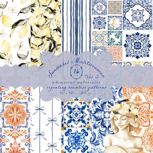 Motif transparent aquarelle citrons méditerranéens et carreaux, fond de carreaux bleus, papier numérique d'été, cliparts Amalfi Italie, usage Commercial