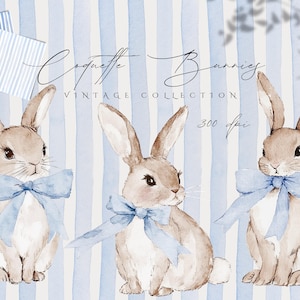 Clipart di coniglietto acquerello, PNG di coniglietto vintage, coniglietto con fiocco blu, Clipart di coniglietto carino, arte del coniglietto per bambini, PNG di coniglietto pasquale per baby shower