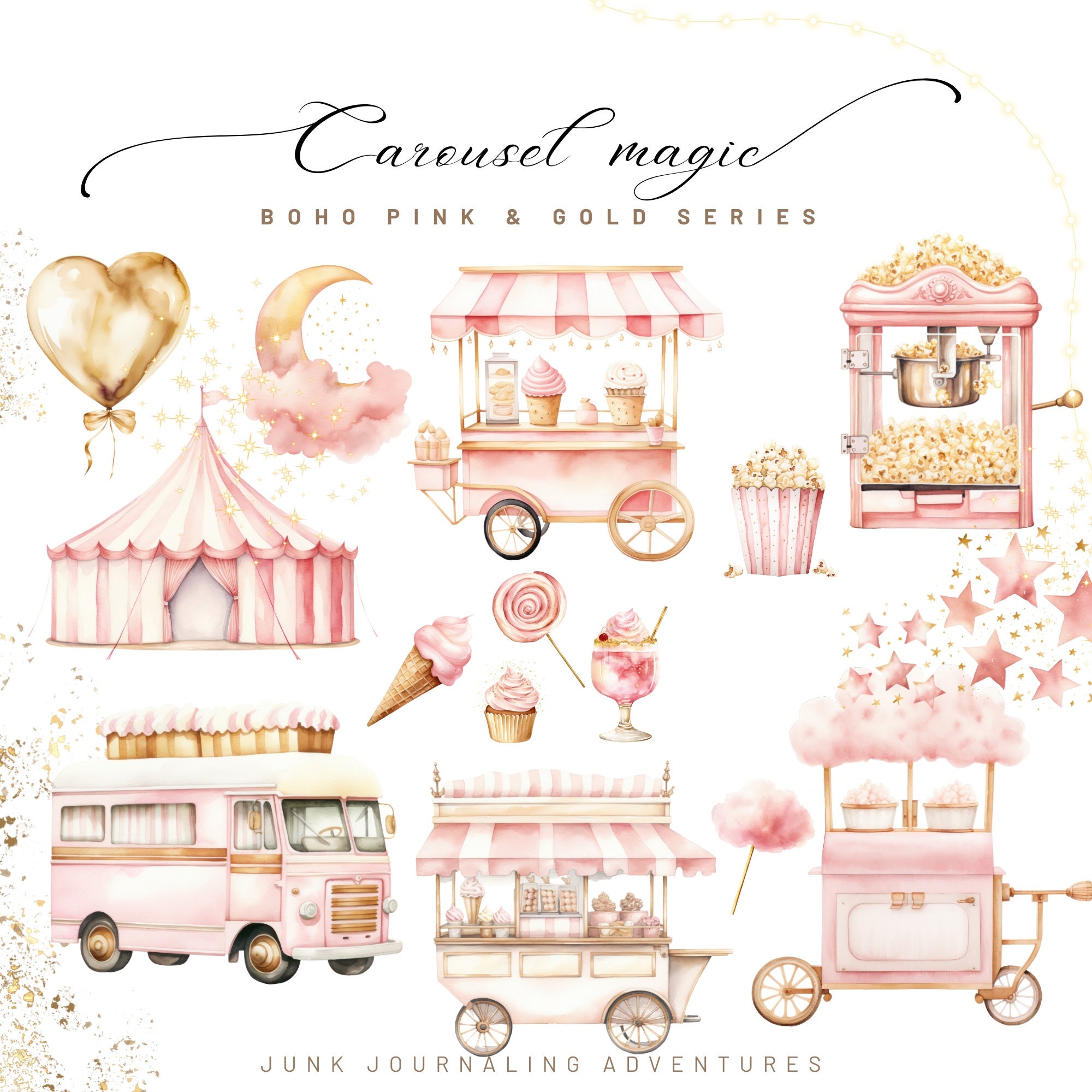 Imágenes prediseñadas de carrusel rosa de acuarela, gráficos mágicos de ...