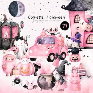 Pink Coquette Halloween Clipart, Cute Pastel Halloween, Spooky Ghost Pumpkin Bat Witch, Kids Halloween, Halloween Graphics, Commercial Use