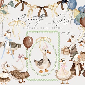 Alberne Gans Clipart, Frühling Vintage Cottagecore Skurril niedlich Aquarell Kommerzielle Nutzung Geburtstagsparty Baby Shower Wildblumen Luftballons PNG
