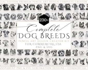 Complete DOG Breeds Bundle SVG, PNG Instant Downloads, Dog Sketch Drawing, Dog Faces, Dog Prints, Dog Portrait, Pet Memorial Gift, Pet Loss