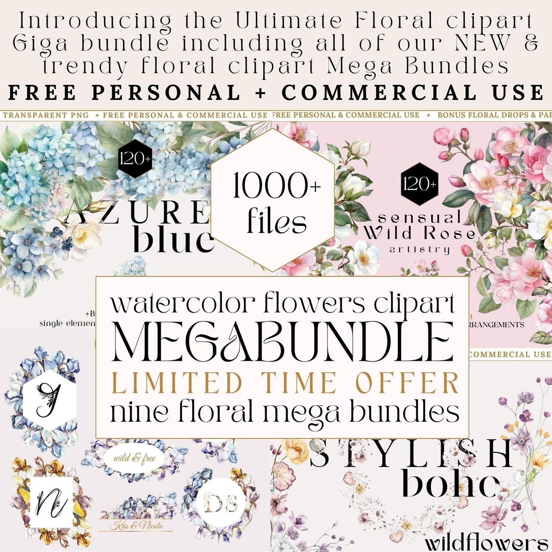 Floral Mega Bundle for Commercial Use, Floral Clipart, Watercolor ...