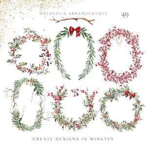 Aquarel kerstkransen, kerstlijsten, kerstbloemen, kerstbotanicals, kerstranden, kerstafbeeldingen