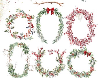 Watercolor Christmas Wreaths, Christmas Frames, Christmas Flowers, Christmas Botanicals, Christmas Borders, Christmas Graphics
