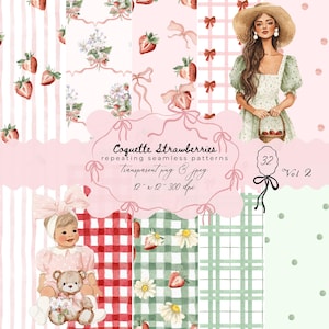 Motifs Mignons De Fraises, Papiers Numériques Fraises, Motif De Tissu, Arrière Plans, Floral Cottagecore Sans Couture, Vichy À Carreaux, Scrapbooking