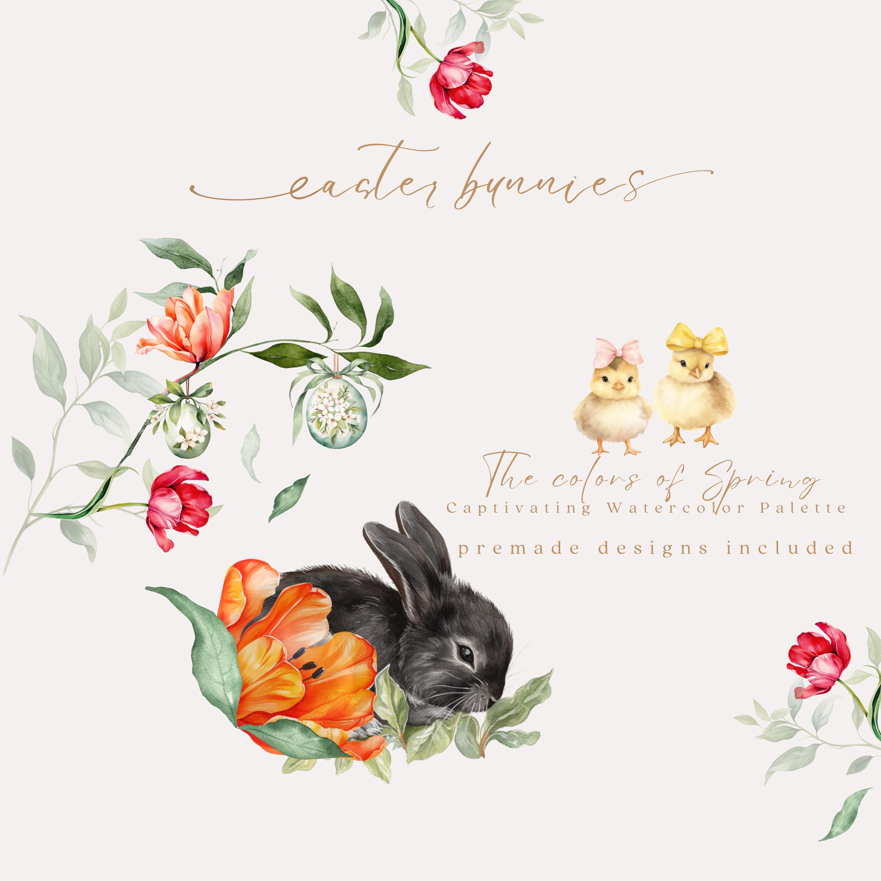 Watercolor Bunnies Clipart, Floral Bunnies, Spring Bunnies, Watercolor ...