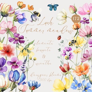 Flores silvestres exuberantes clipart, aquarela primavera, flores de verão, buquês florais coloridos, molduras de flores silvestres, elementos botânicos, uso comercial