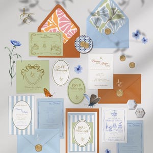 Suite di inviti di nozze colorati • Modelli modificabili • Set per matrimoni a destinazione • Illustrazioni disegnate a mano • Set di nozze retrò luminoso