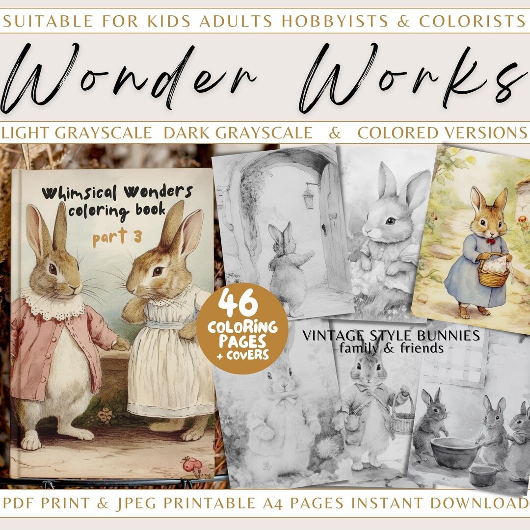 Cute Bunnies Coloring Book, Vintage Coloring Pages, Downloadable