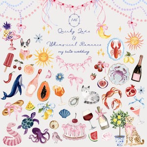 Imágenes prediseñadas de boda caprichosas, íconos de boda Dolce Vita, ilustraciones de amor extravagantes para invitaciones de boda nupcial, garabatos mediterráneos coquetos